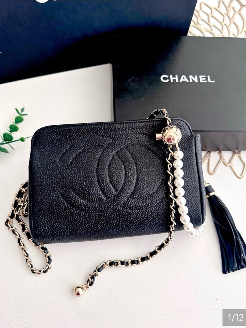 CHANEL Black Caviar Quilted CC Crossbody with Pearl Accent Chanel box bag roset